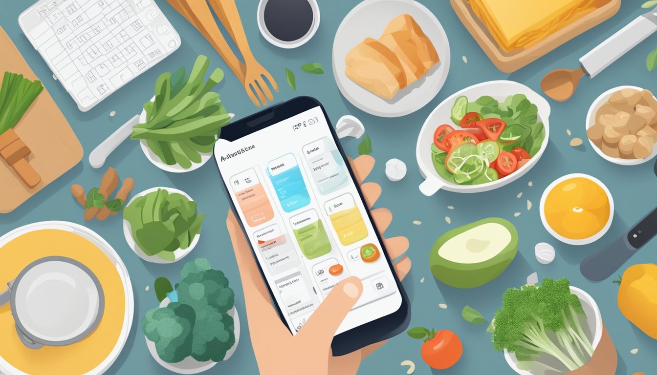 A busy kitchen counter with a smartphone displaying a meal planning app, surrounded by fresh groceries and cooking utensils