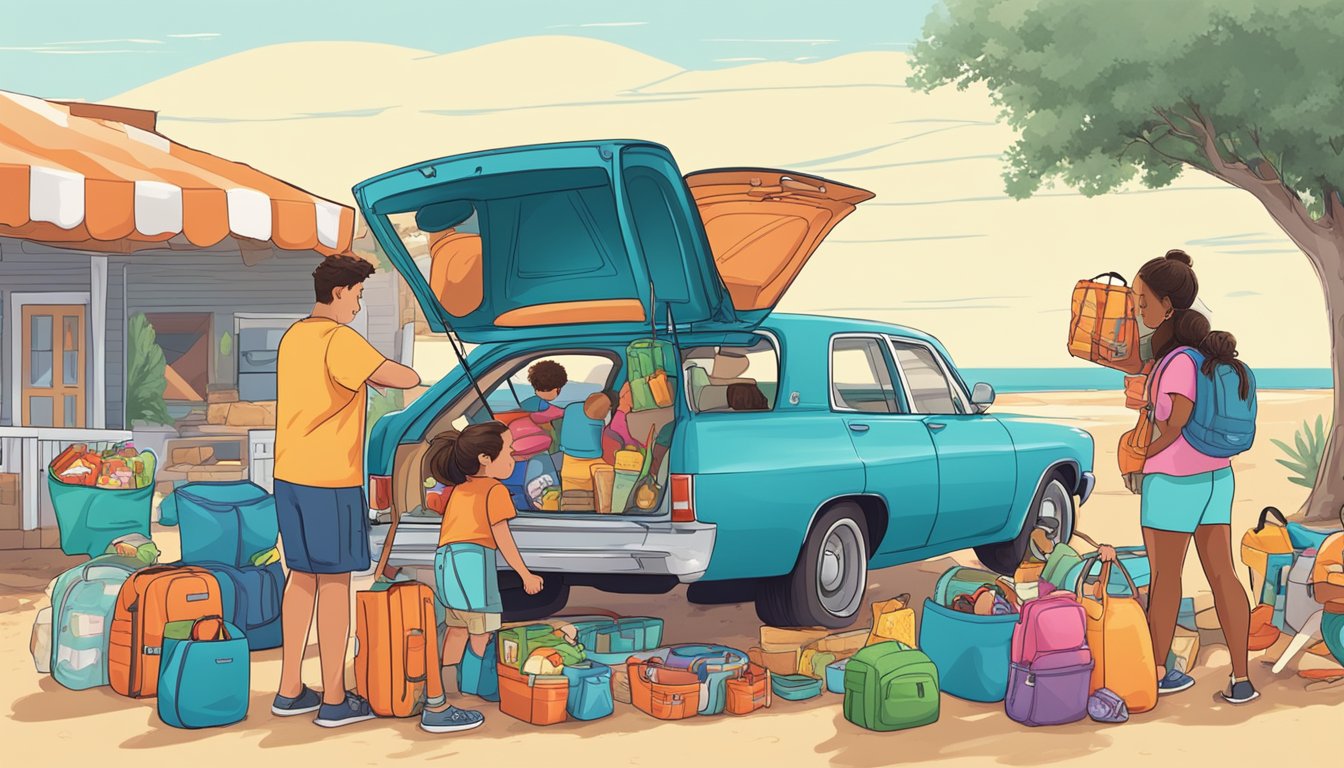 A family loads beach gear into their car, with kids excitedly packing toys and snacks for a Texas road trip