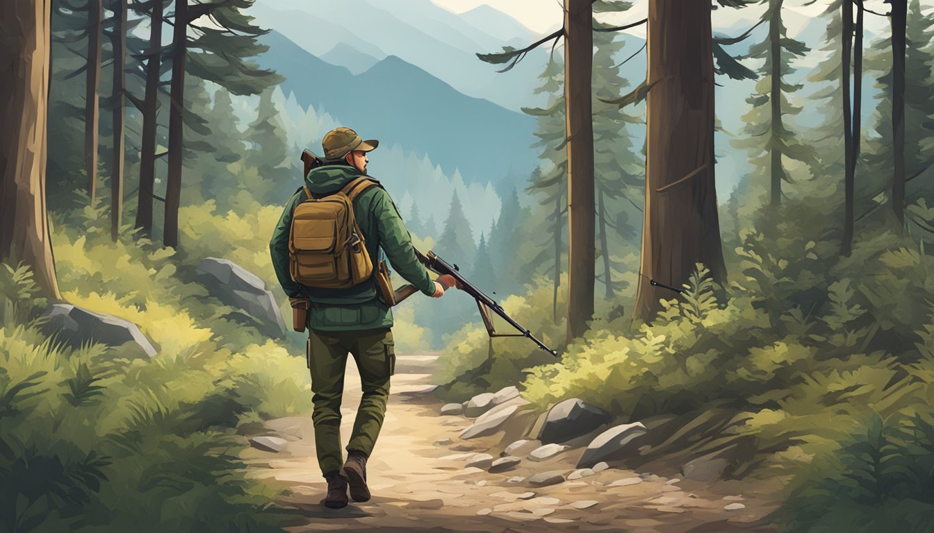 A hunter holding a rifle while walking through a forest with a mountainous backdrop