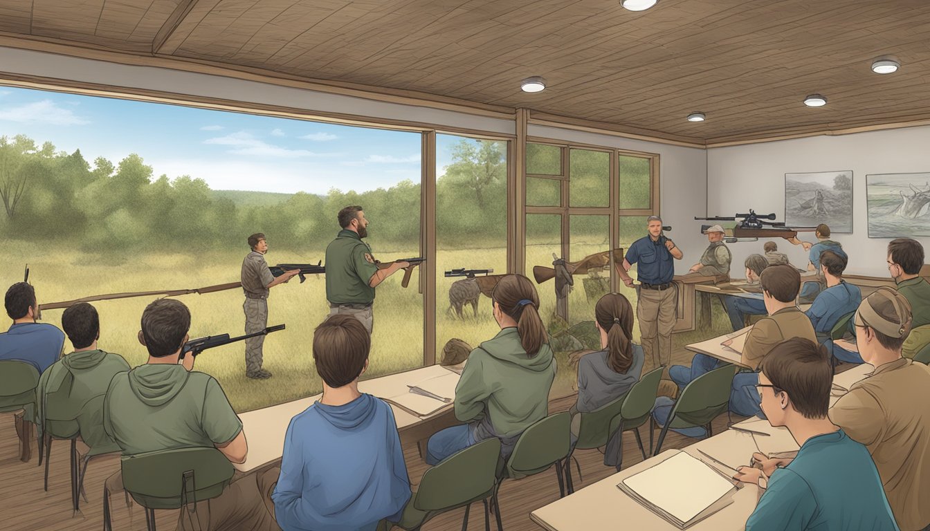 A hunter education class in Arkansas, with instructors and students learning about firearm safety and wildlife conservation