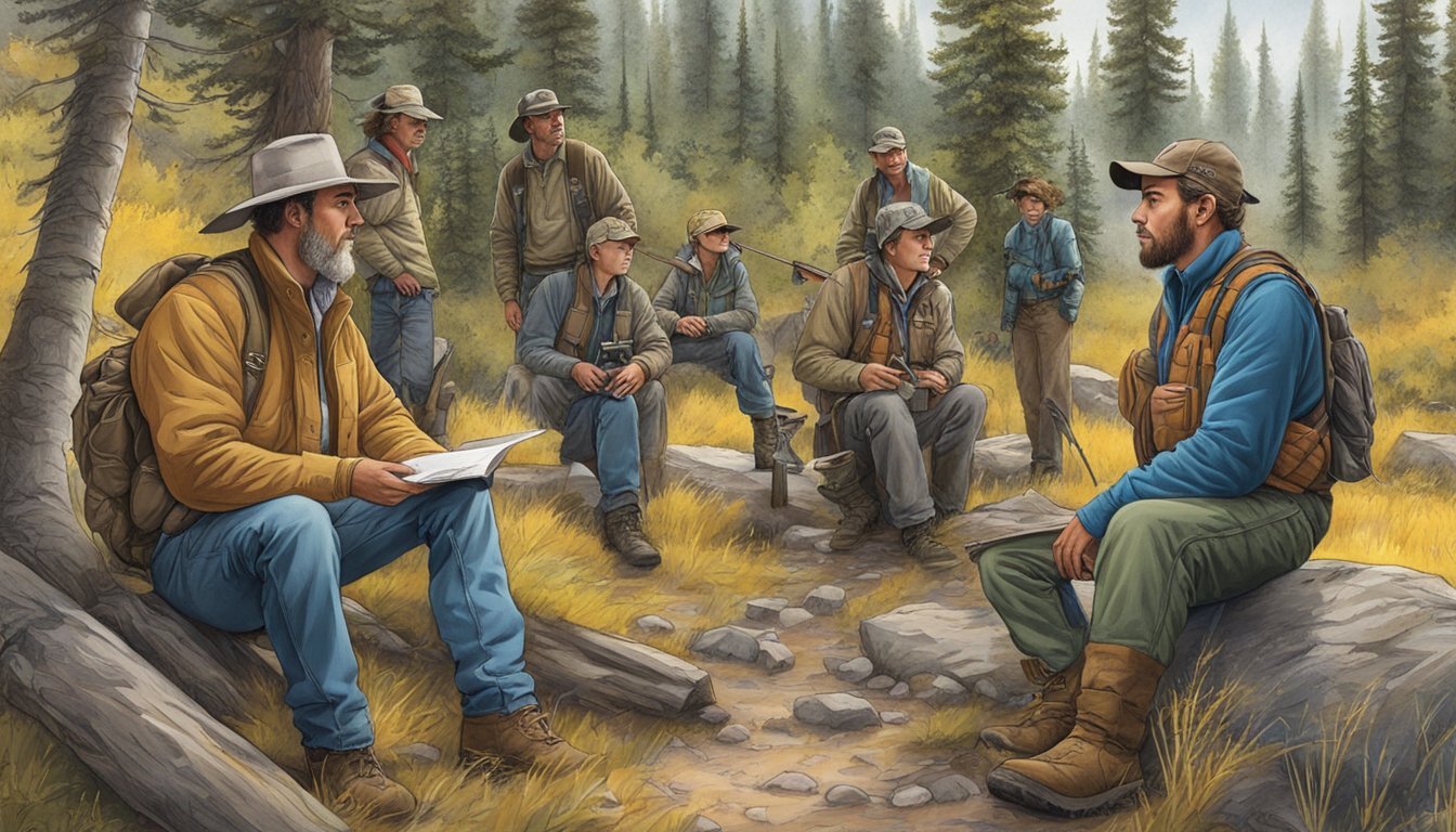 A group of hunters gather around an instructor, learning about safety and conservation in a Montana wilderness setting