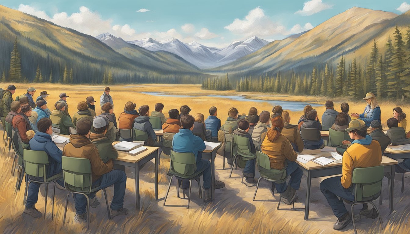 A hunter education class in Montana, with students learning about firearm safety, wildlife conservation, and outdoor ethics in a classroom setting