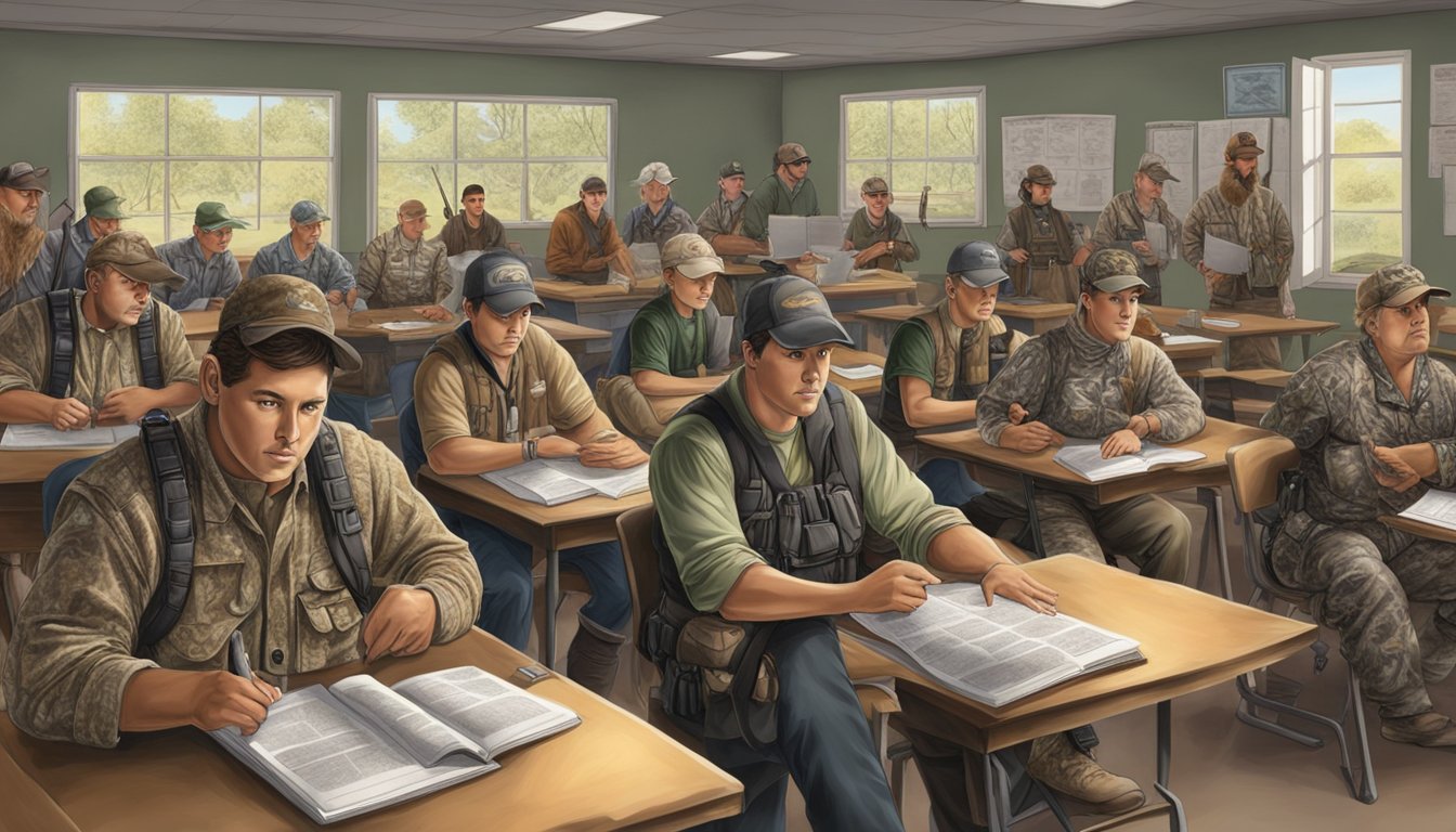 A group of hunters in Alabama undergo education and training in a classroom setting, surrounded by hunting gear and educational materials