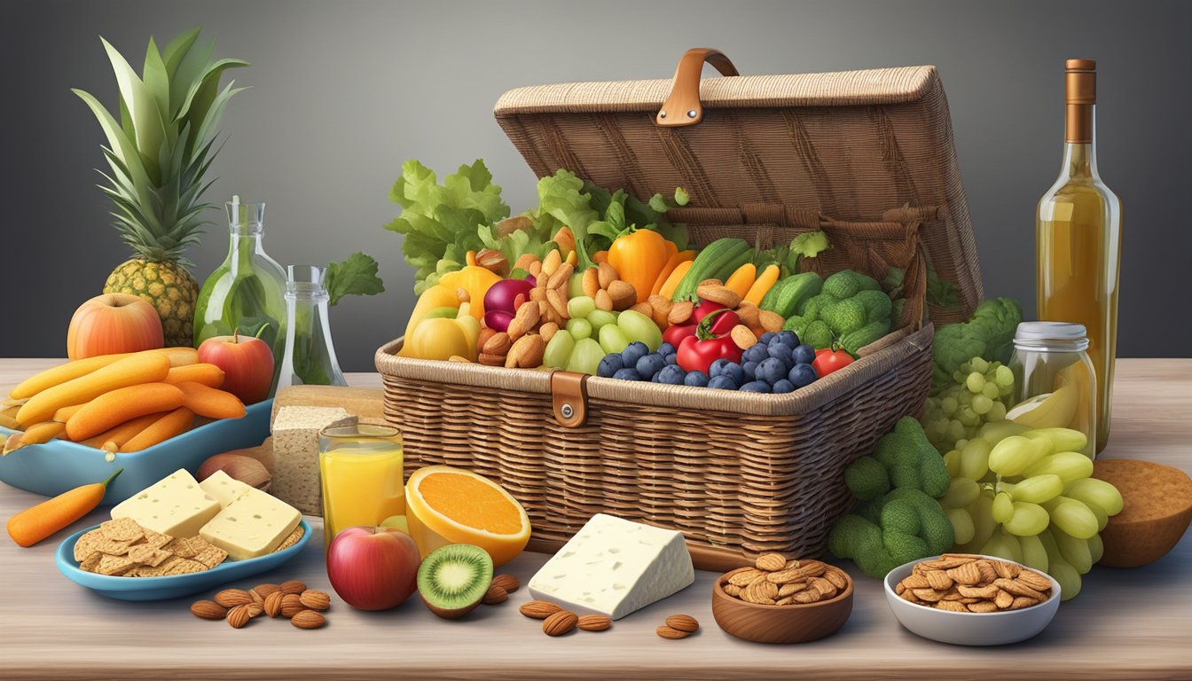 A picnic basket filled with fresh fruits, nuts, and artisanal cheeses, surrounded by a variety of colorful vegetables and whole grain crackers