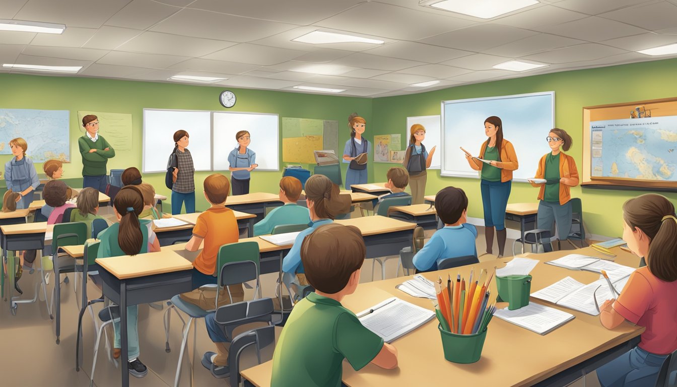 A group of students receiving instruction on hunting safety and regulations in a classroom setting. Visual aids and educational materials are displayed around the room