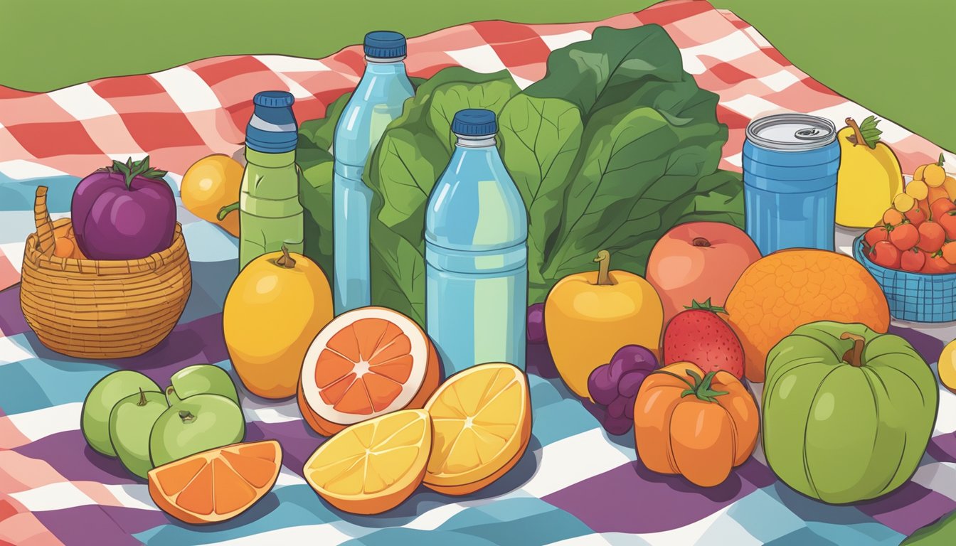 A colorful array of fruits, vegetables, and water bottles laid out on a picnic blanket next to a map and a cooler