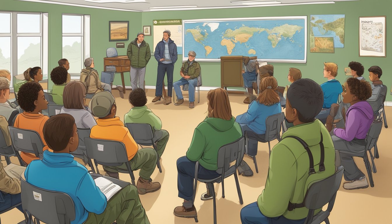 A group of people of various ages and backgrounds are gathered in a classroom setting, listening to an instructor speak about hunter education in Connecticut. Wildlife posters and hunting gear are displayed on the walls