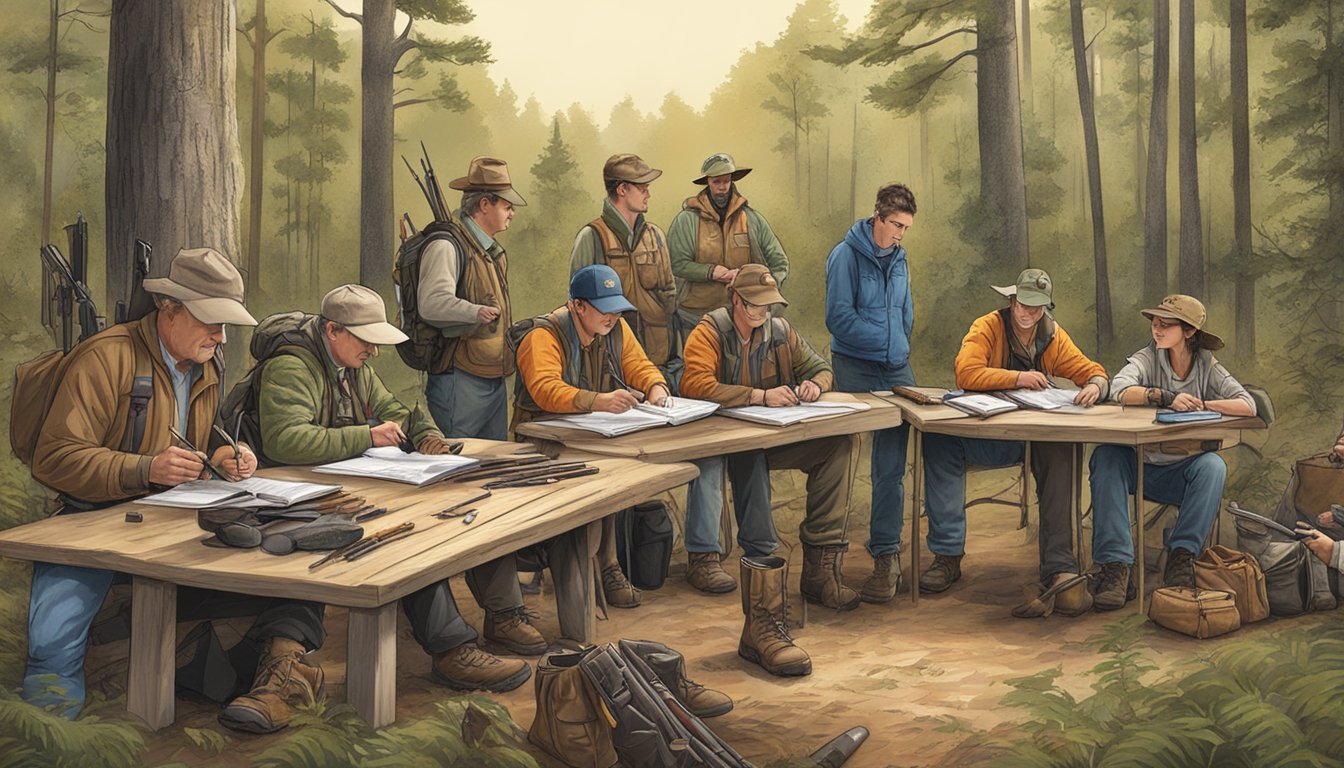 A group of people signing up for a hunter education course in Alabama, surrounded by hunting gear and educational materials