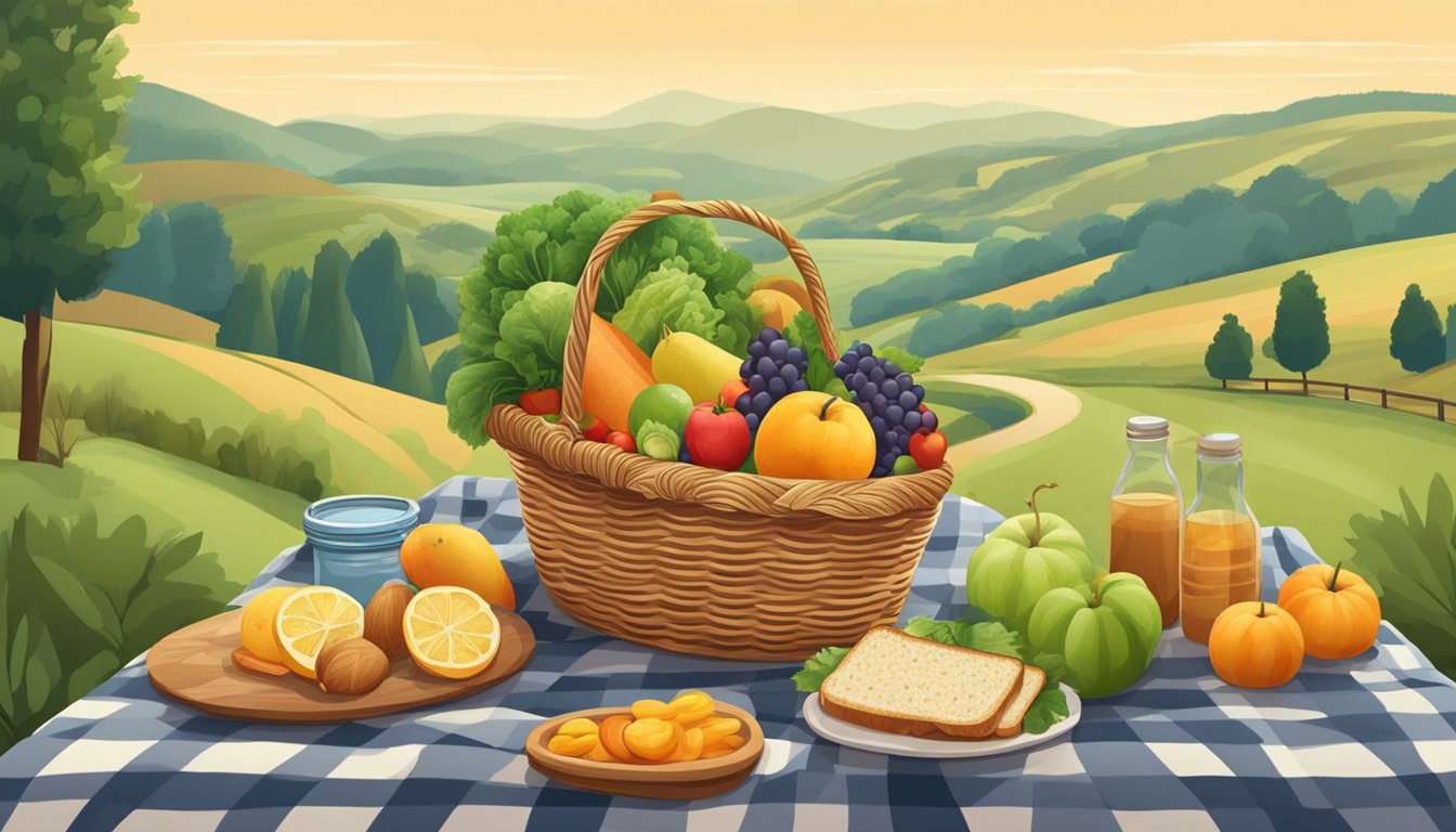 A picnic basket filled with fresh fruits, vegetables, sandwiches, and nuts rests on a checkered blanket beside a winding road with rolling hills in the background