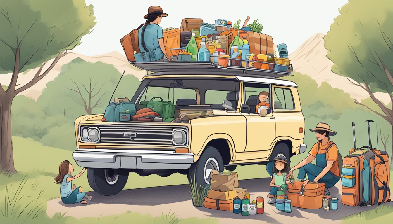 A family packing a car with luggage, snacks, and road trip essentials for a Texas adventure