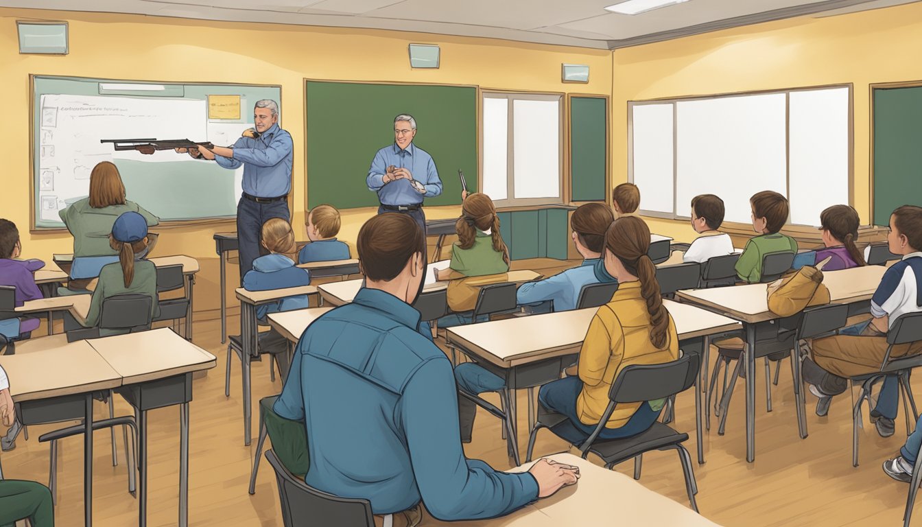 A hunter education instructor demonstrating firearm safety and handling techniques in a Connecticut classroom