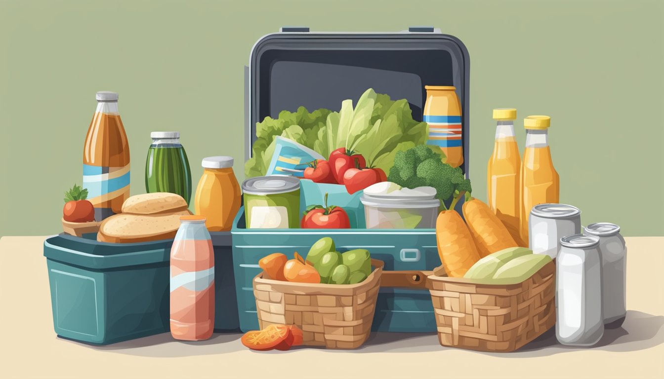 A variety of non-perishable healthy food items neatly packed in a cooler and a picnic basket, ready to be brought on a road trip