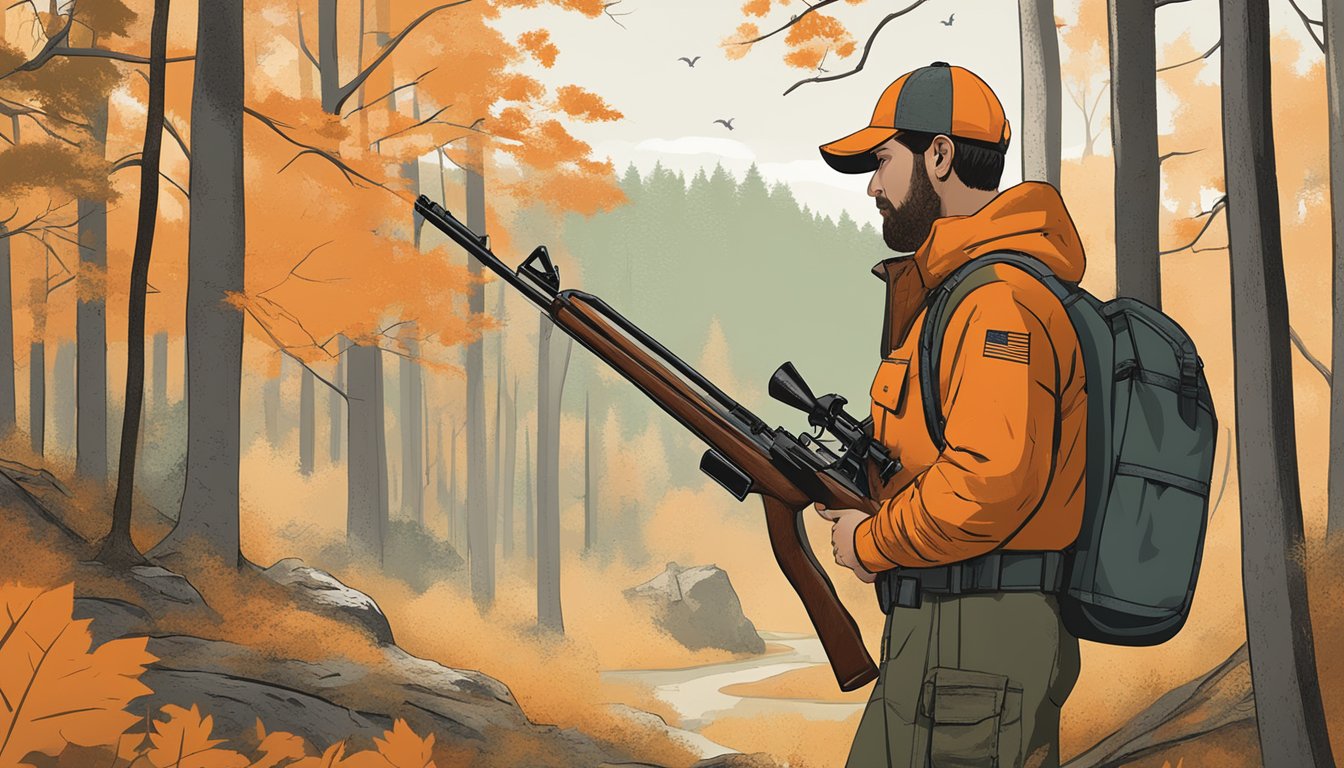 A hunter in a forest, holding a firearm and wearing hunter orange, with a certificate of hunter education displayed. A map of Connecticut and insurance documents are nearby