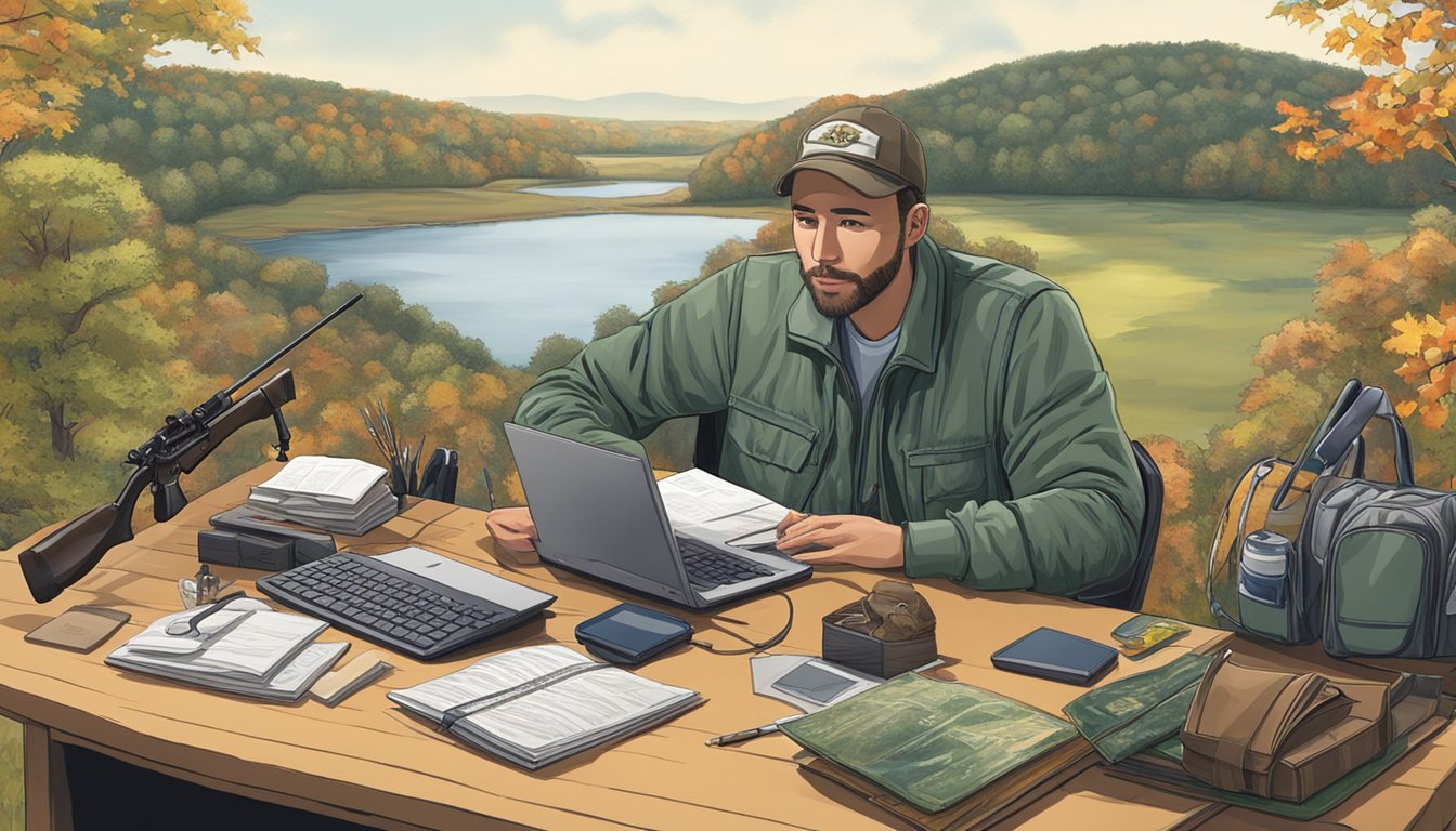 A person sitting at a desk with hunting gear, surrounded by educational materials and a computer, set against a backdrop of Connecticut's natural landscape