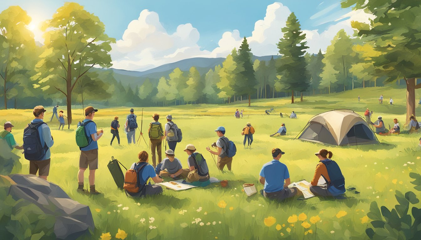 A sunny field with various outdoor activities and a group of people participating in hunter education certification in New Hampshire