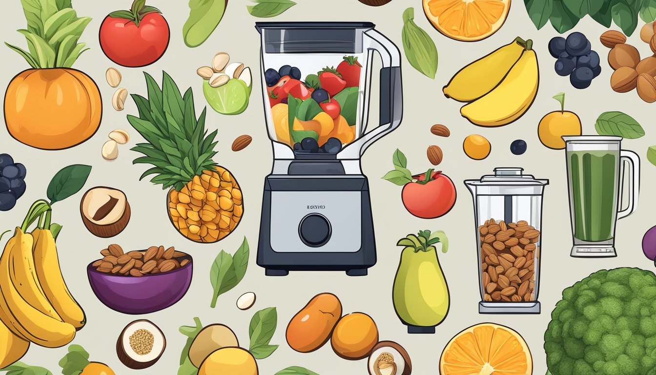 A colorful array of fruits, vegetables, and nuts arranged around a blender, with a variety of allergen-free and immune-boosting ingredients on display