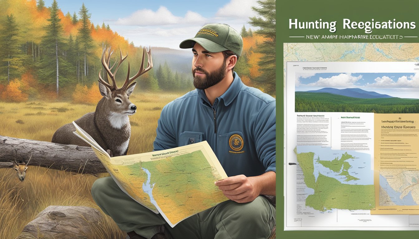 A hunter reading a New Hampshire hunting regulations booklet next to a hunter education certificate and a map of hunting areas