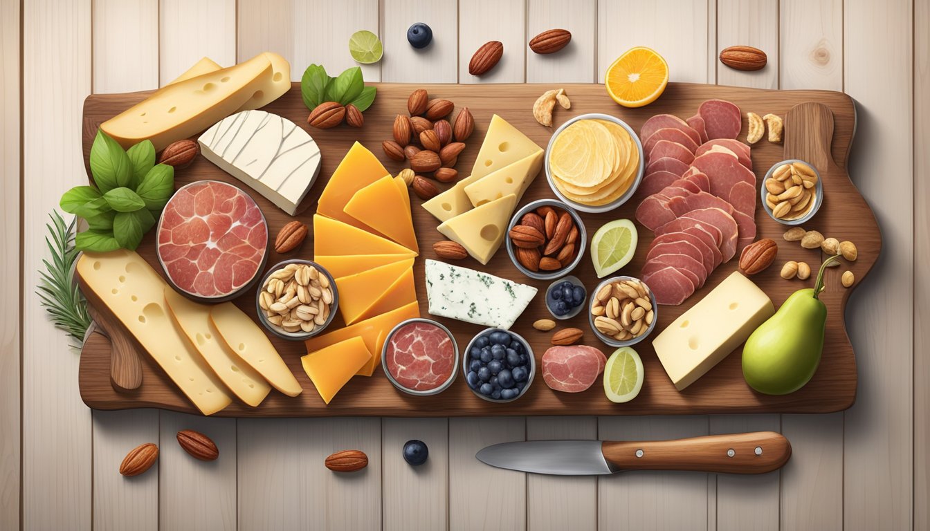 A rustic wooden board adorned with an array of colorful cured meats, artisanal cheeses, fresh fruits, and nuts, arranged in an aesthetically pleasing and symmetrical display