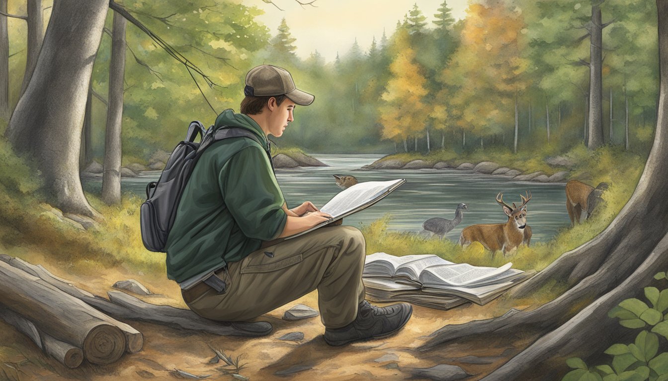 A person studying outdoors, surrounded by trees and wildlife, with a focus on learning about trapping and hunting in New Hampshire