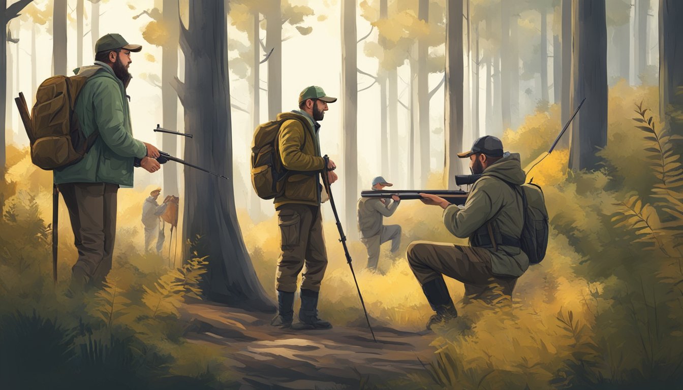 A group of hunters in a forest, studying wildlife and practicing safe hunting techniques under the guidance of an instructor