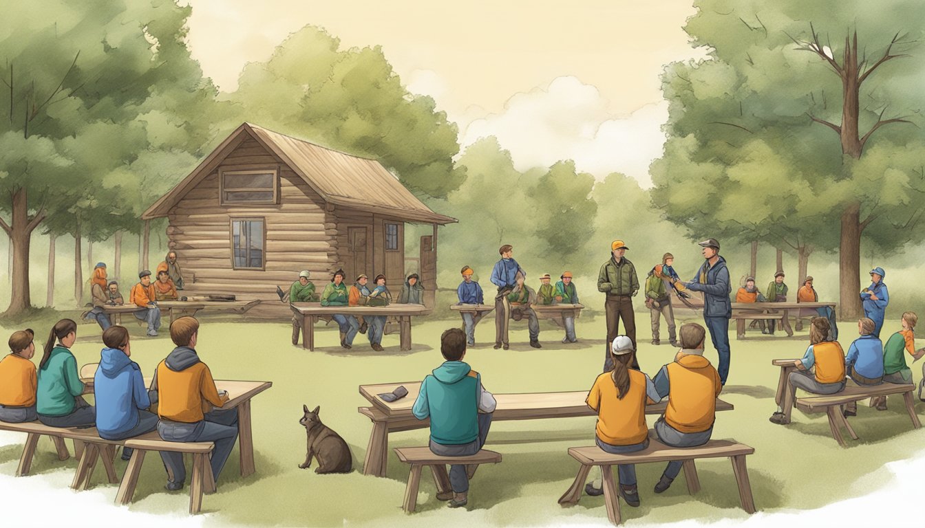 A hunter safety course setting with classroom, instructor, and students. Outdoor elements like trees and animals could also be included