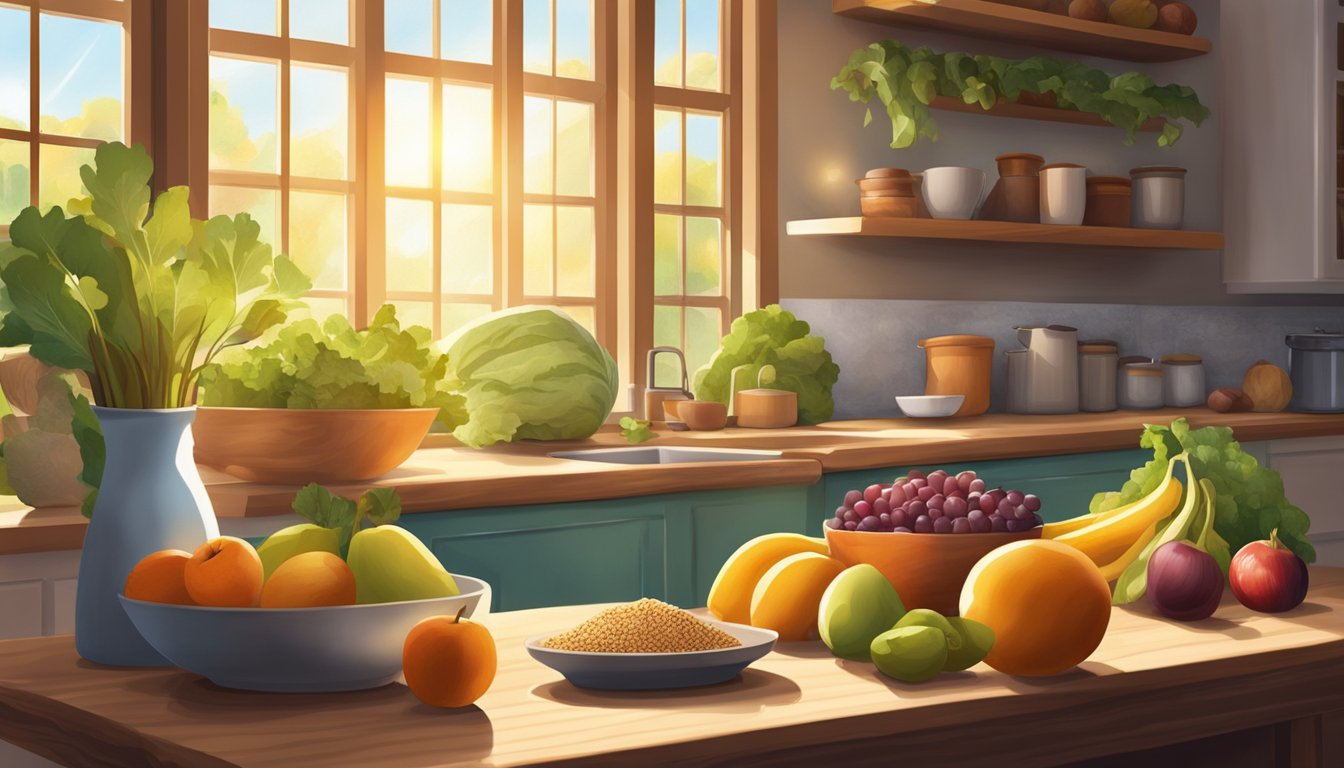 A serene kitchen with a variety of colorful fruits, vegetables, nuts, and whole grains displayed on a wooden table. Sunlight streams in through a window, casting a warm glow on the nutritious foods