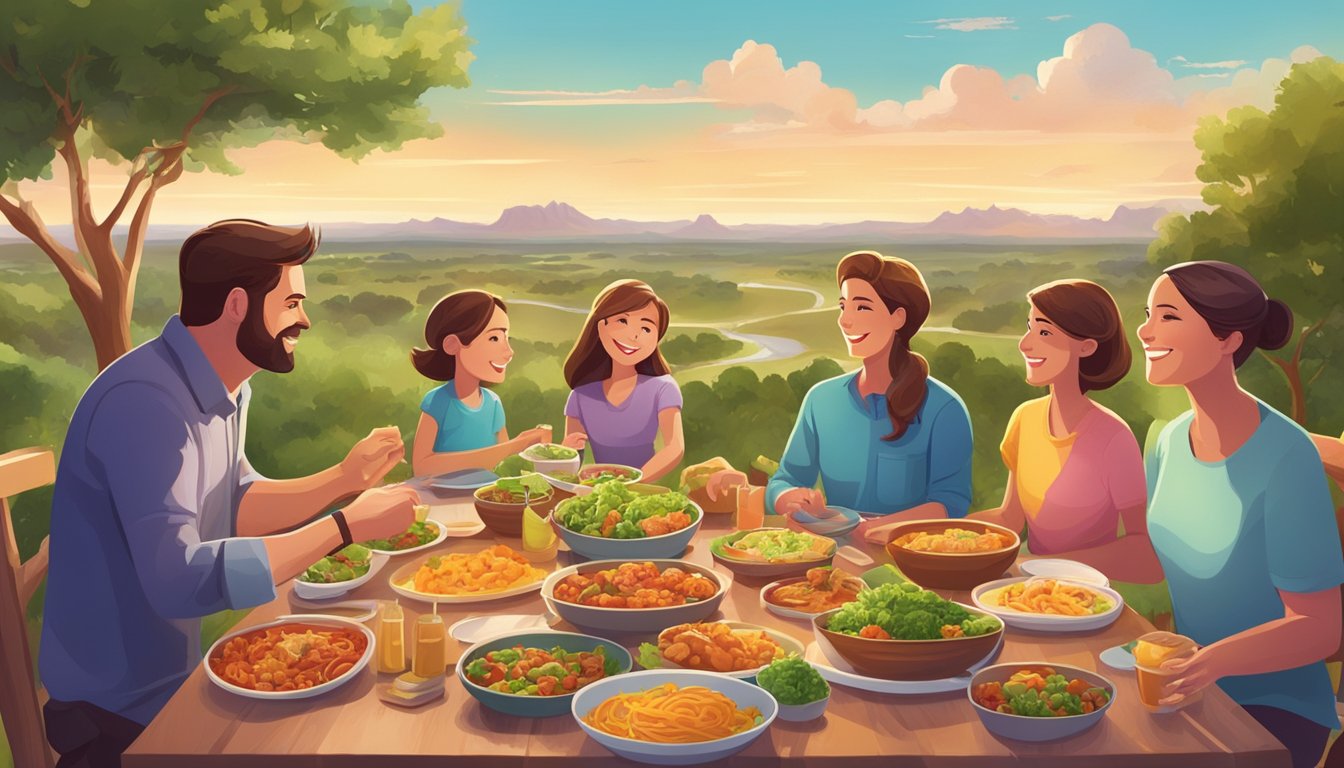 A family gathered around a table, enjoying a variety of colorful and delicious vegetarian dishes, with a Texas landscape in the background