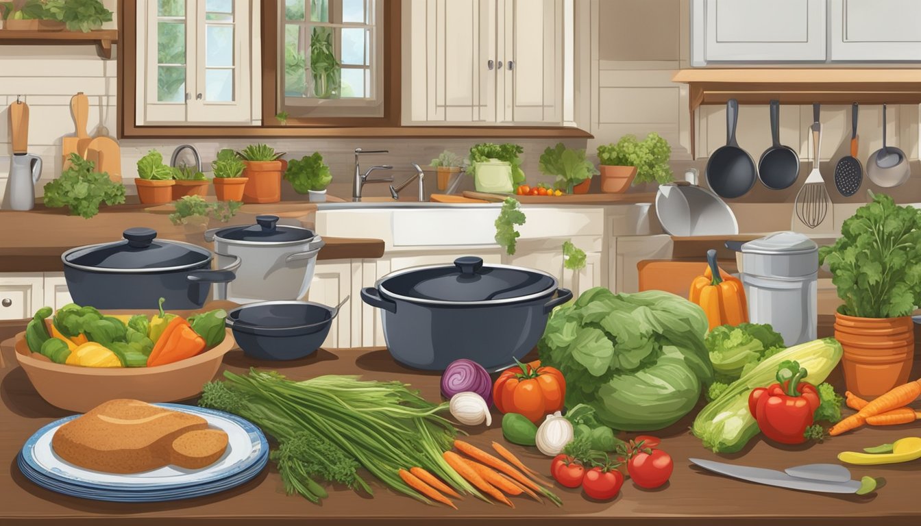 A family kitchen with Texan decor, featuring a spread of fresh vegetables, herbs, and cooking utensils