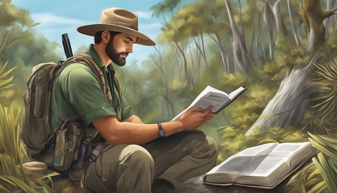 A hunter in Florida studying a manual, surrounded by wildlife and nature guides