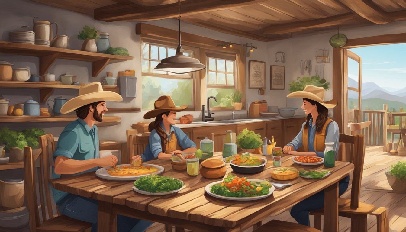 A rustic kitchen with a cowboy hat hanging on the wall, a wooden dining table set with Texan-inspired vegetarian dishes, and a family of four sitting down to enjoy the meal