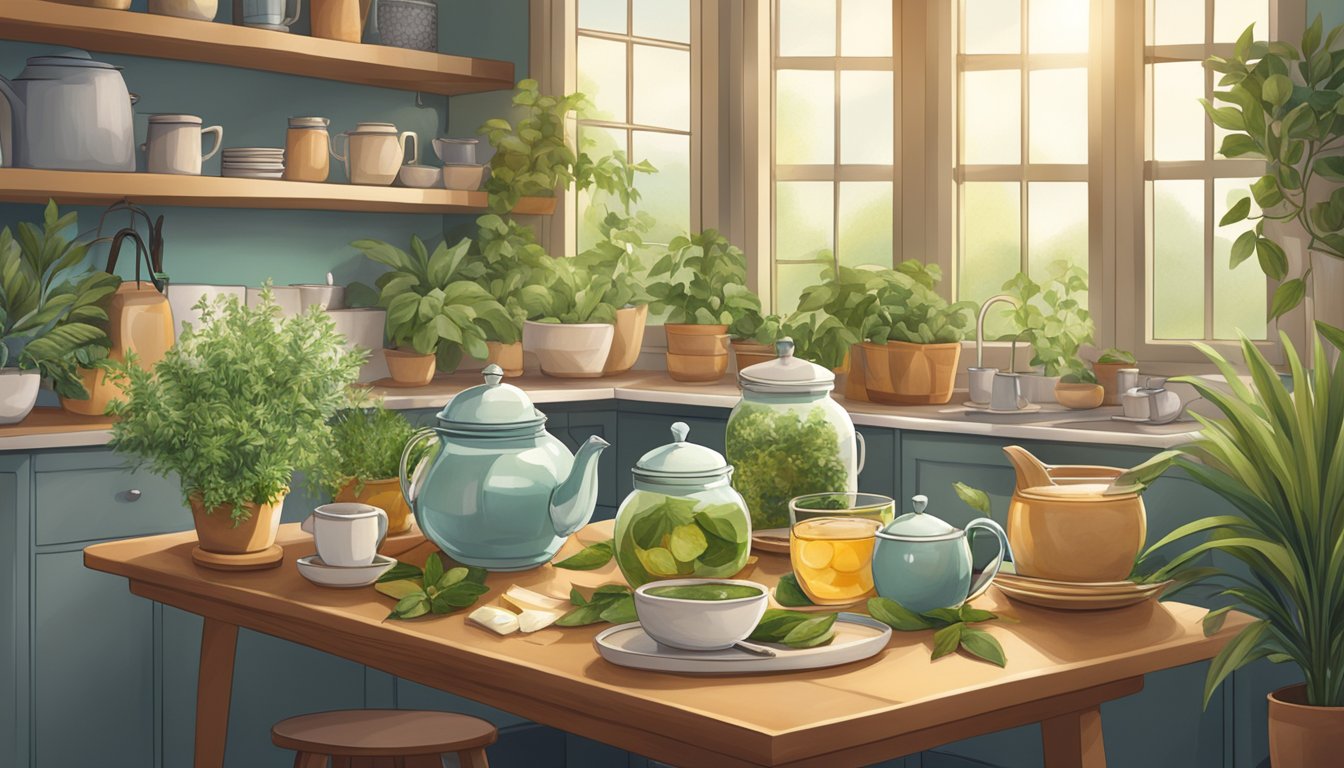 A peaceful scene of a cozy kitchen with an assortment of herbal teas and beverages displayed on a table, surrounded by calming elements such as plants and soft lighting