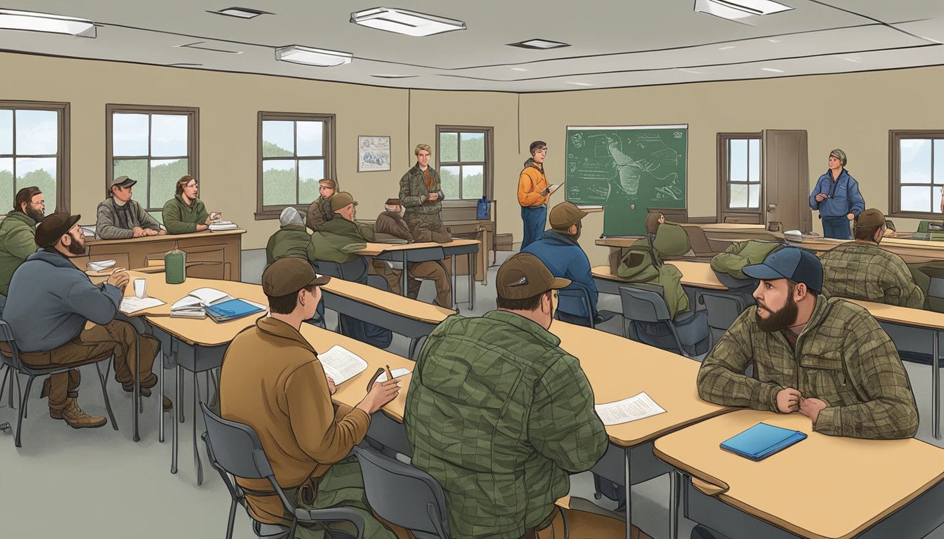 A group of hunters gather in a classroom for a New Hampshire Fish and Game Department Hunter education course