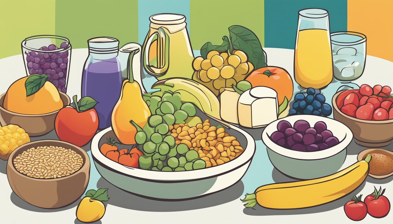 A colorful array of fruits, vegetables, grains, and dairy products arranged on a table, with a child's playful silhouette in the background