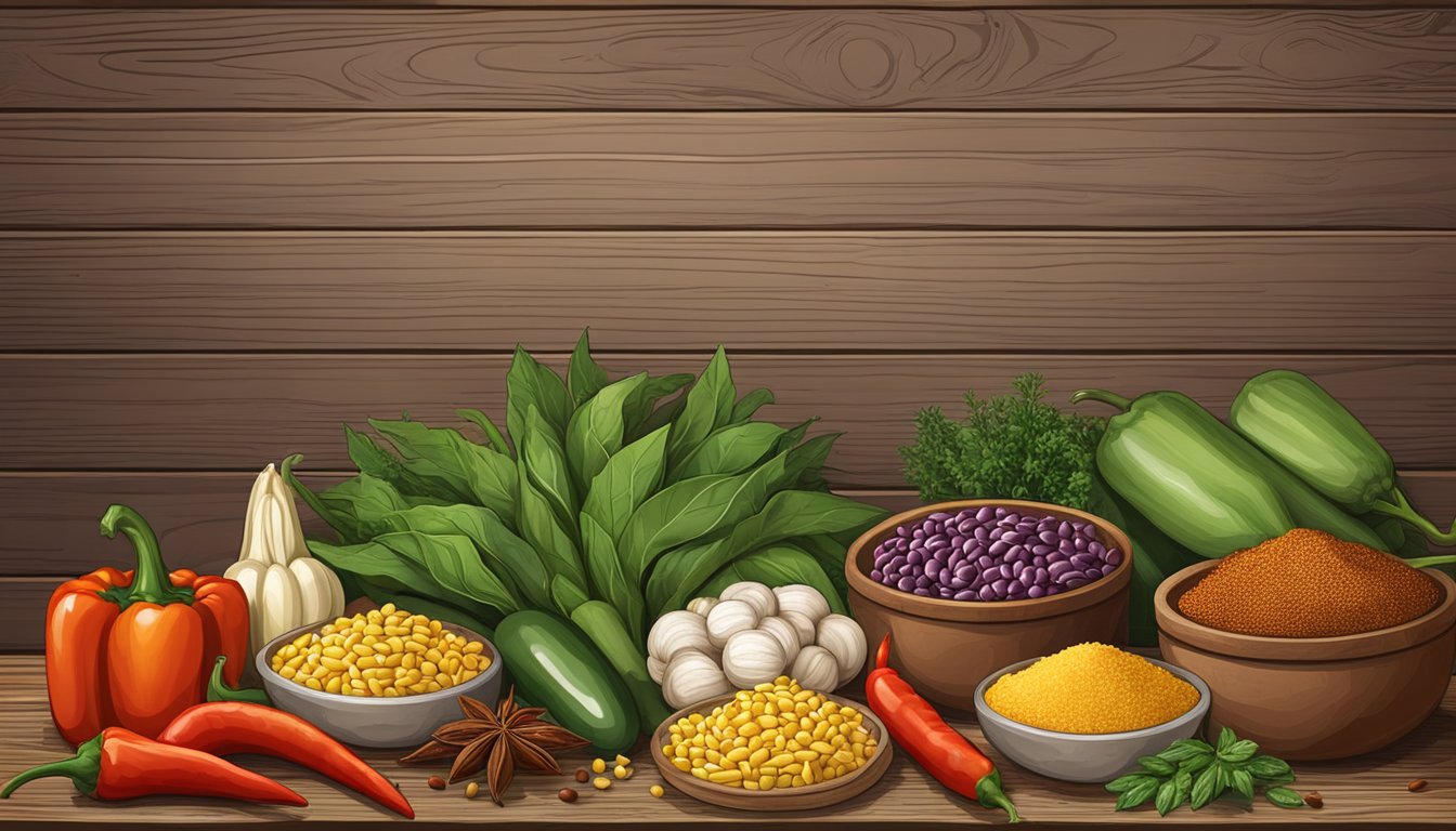 A rustic wooden table with fresh vegetables, chili peppers, corn, and beans, alongside Texan spices and herbs