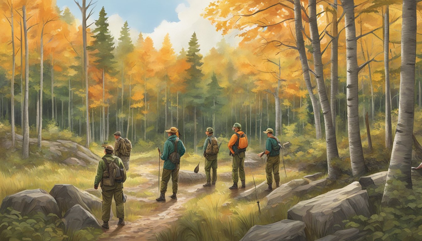 A group of hunters in New Hampshire receive outdoor safety and conservation education in a forest clearing