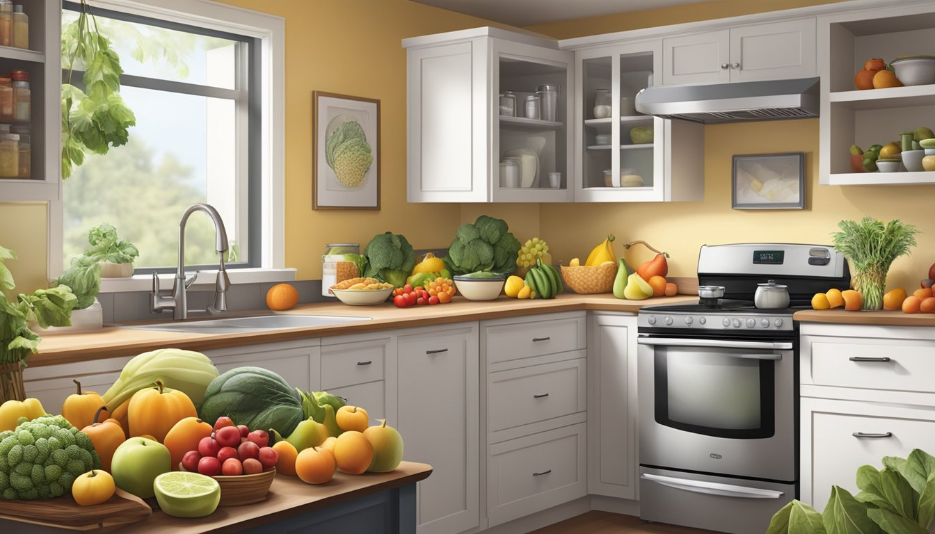 A serene kitchen with a variety of colorful fruits, vegetables, and whole grains displayed on the counter and in the refrigerator