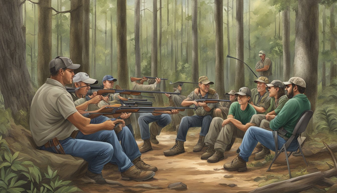 A hunter education class in Alabama with instructors, students, and educational materials