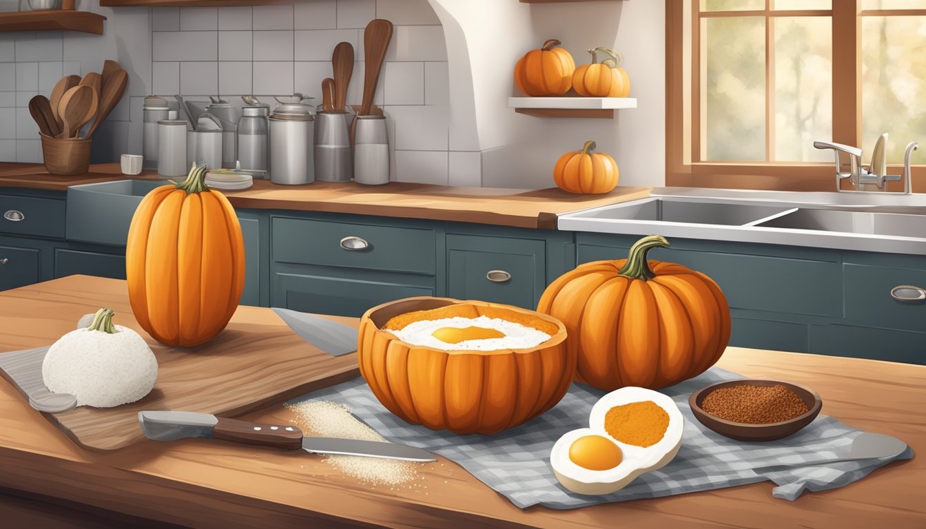 A kitchen counter with a whole pumpkin, a cutting board, knife, and various cooking ingredients like spices, flour, and eggs