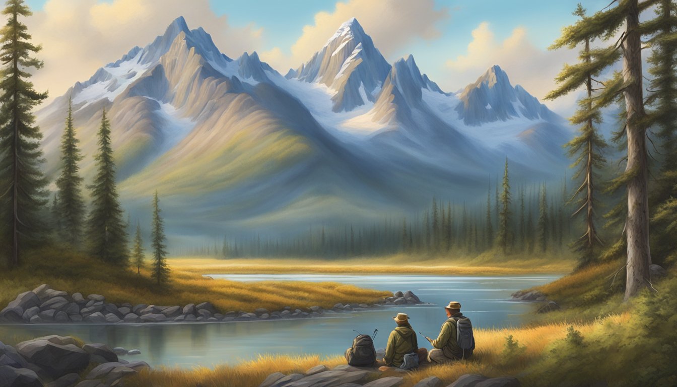 A serene Alaskan landscape with a hunter's education class in session, surrounded by towering mountains and a pristine wilderness