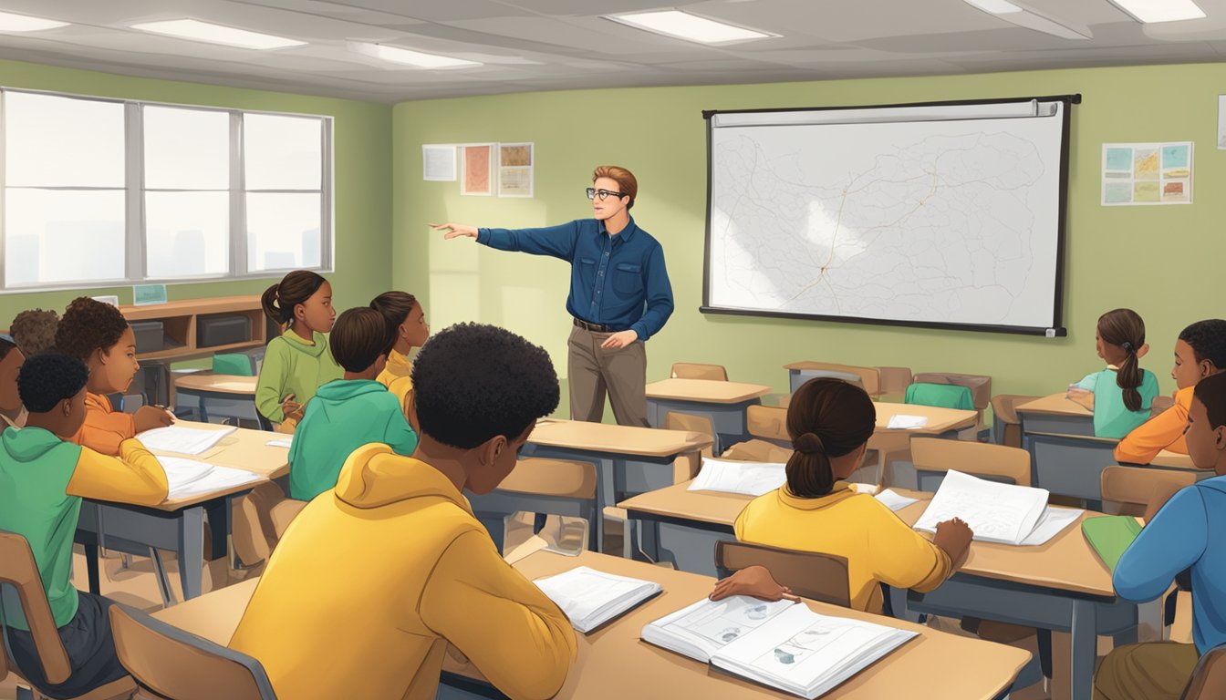 A hunter education instructor teaching a group of students in a classroom setting with visual aids and demonstration materials