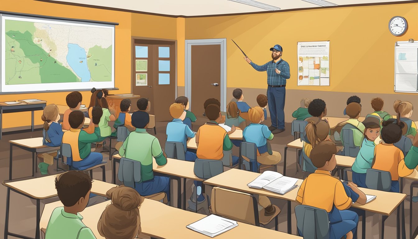 A group of students learning about hunting safety in a classroom setting with an instructor presenting information and visuals