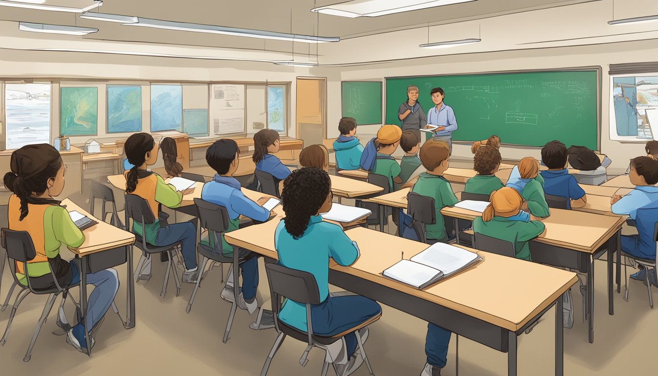 A group of students sit in a classroom, listening to an instructor talk about hunter education in Alaska. Visual aids and educational materials are displayed around the room