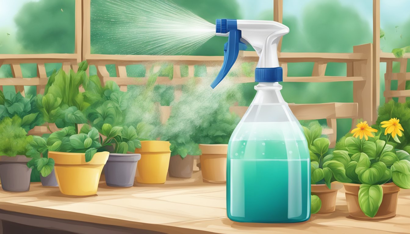 A bottle of chemical solution being sprayed on gnats in a kitchen or garden