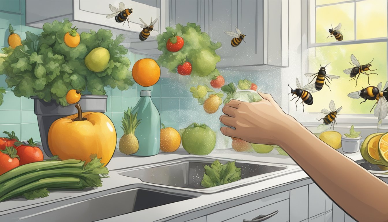 A hand reaching for a spray bottle, aiming at a swarm of gnats hovering over fruits and vegetables in a kitchen or garden