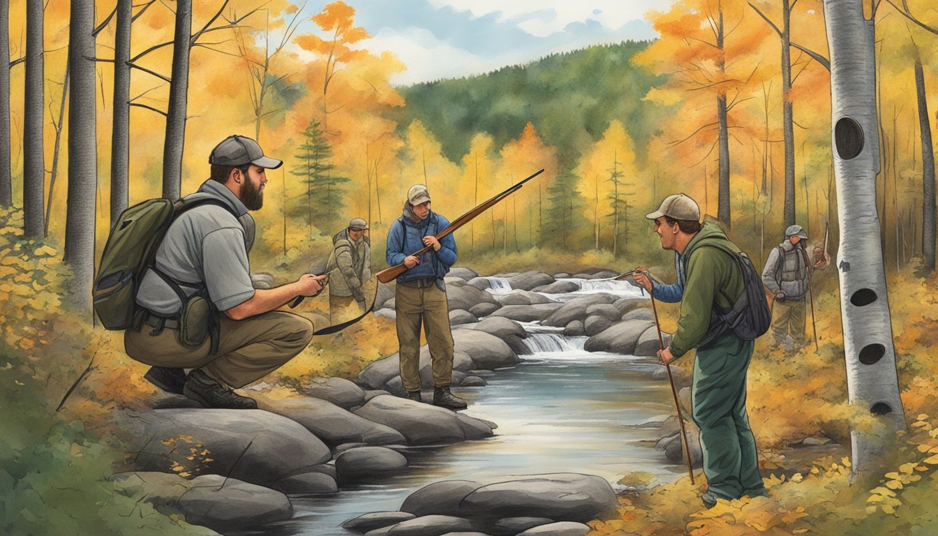 A hunter education instructor guides students through a hands-on lesson in the New Hampshire wilderness