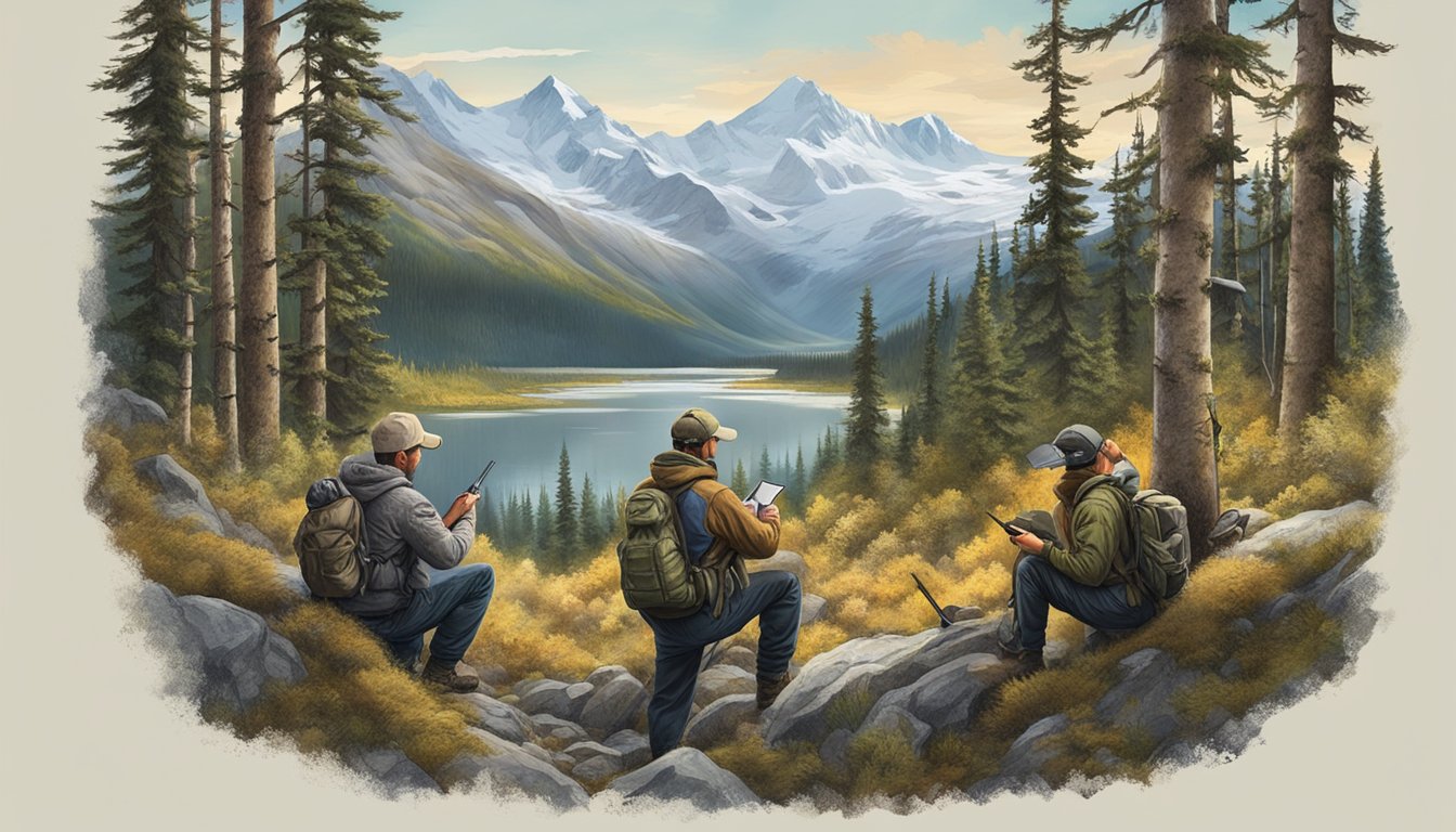 A group of hunters in Alaska studying regulations and safety guidelines, surrounded by wildlife and nature