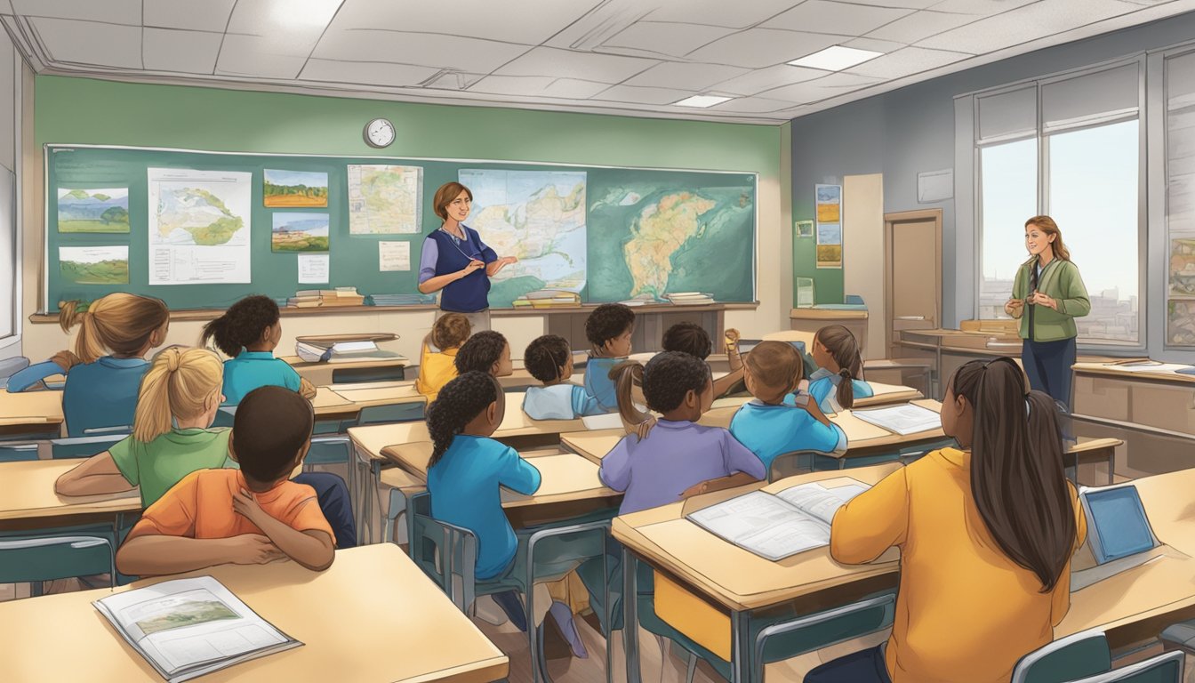 A classroom setting with a teacher and students learning about hunter education in New York. Visual aids and educational materials are present