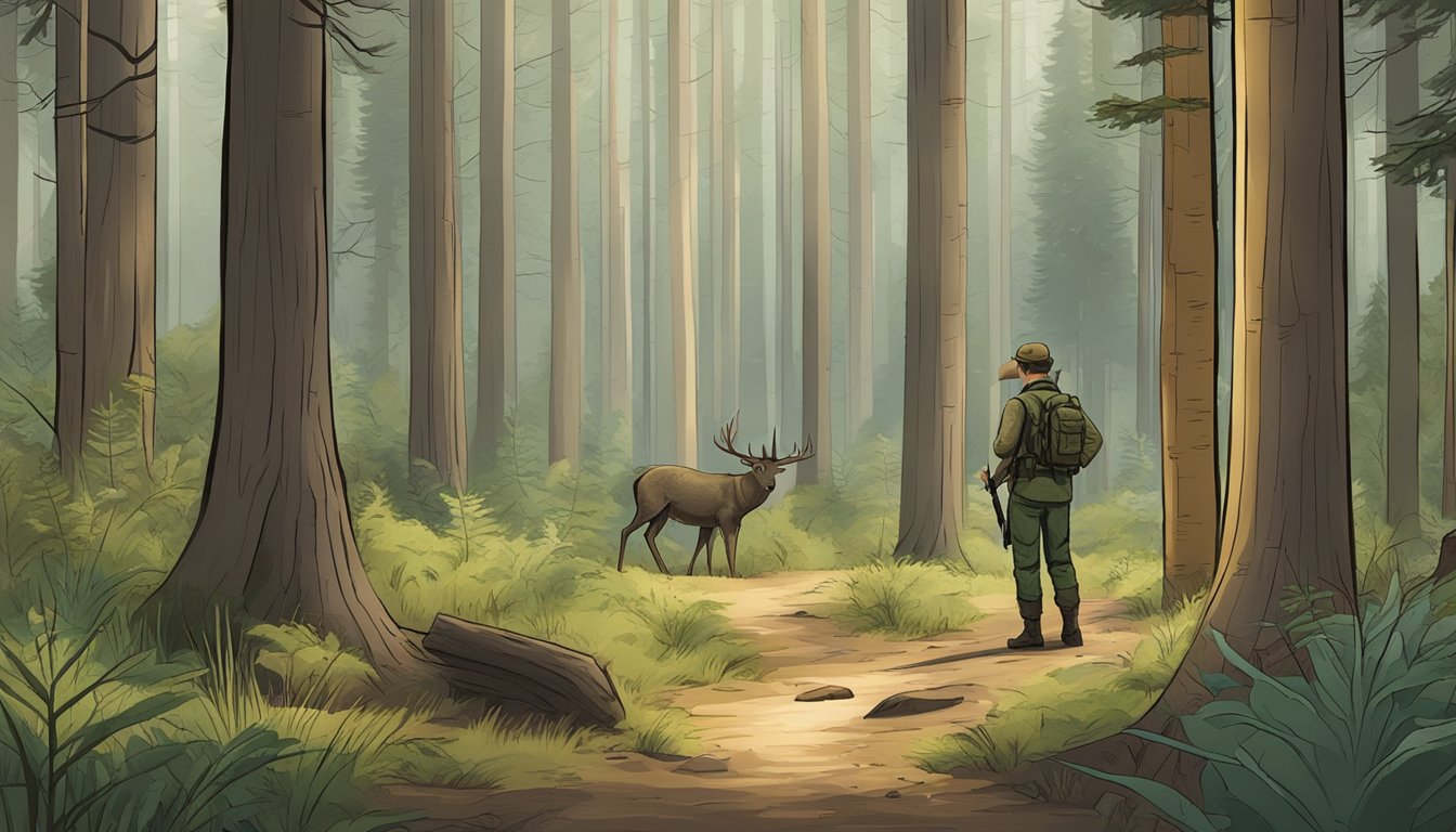 A serene forest clearing with a hunter's safety course set up, including educational materials and equipment for learning about hunting in California