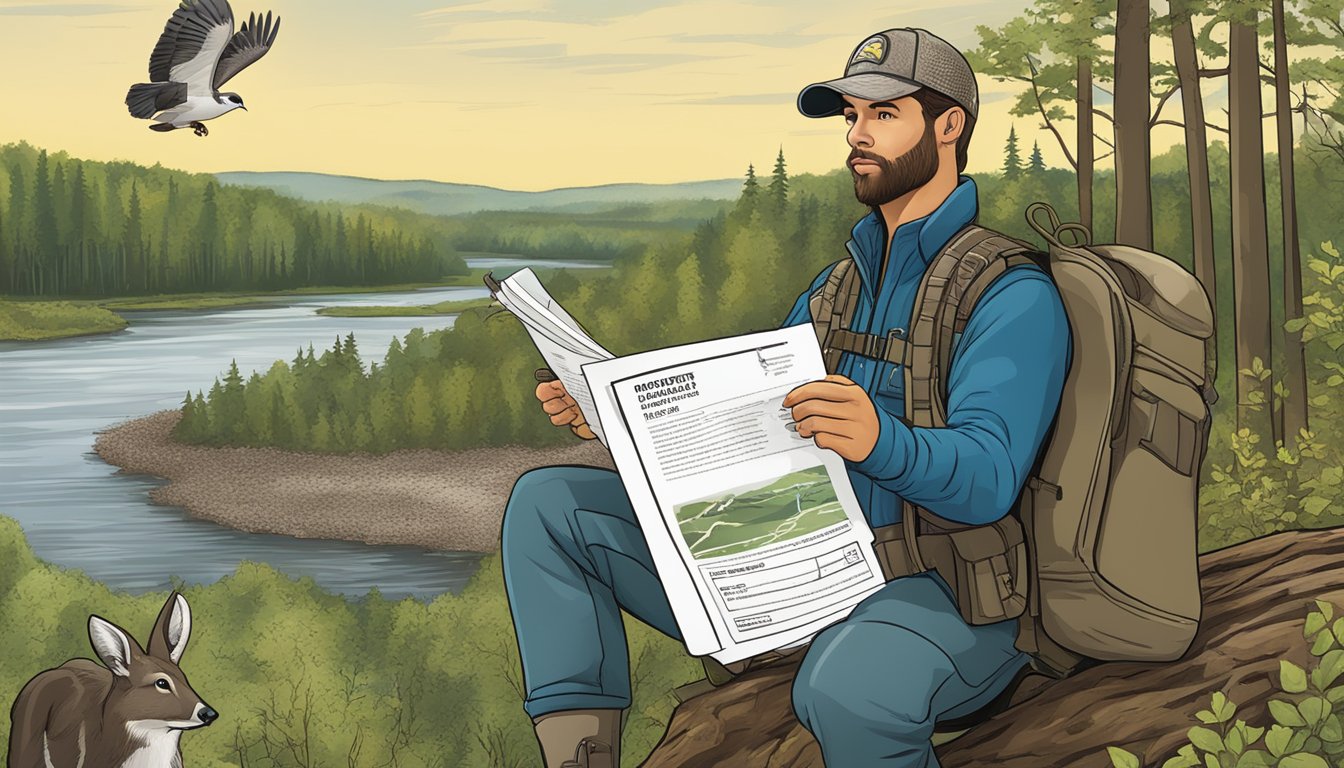 A hunter holding a New York hunting license and regulations booklet, with a wildlife habitat and forest in the background