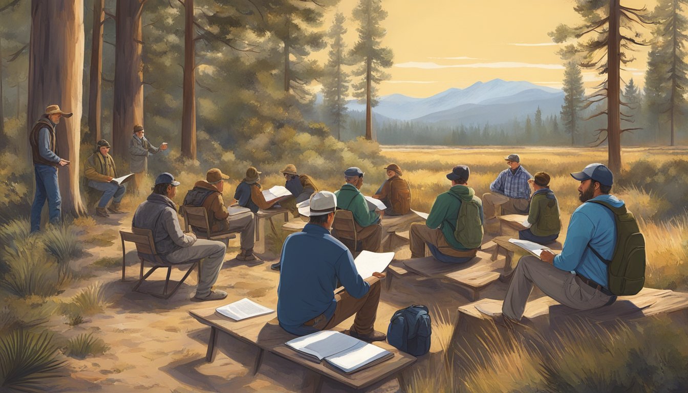 A group of people attending a hunter education class in California, listening to an instructor and studying materials